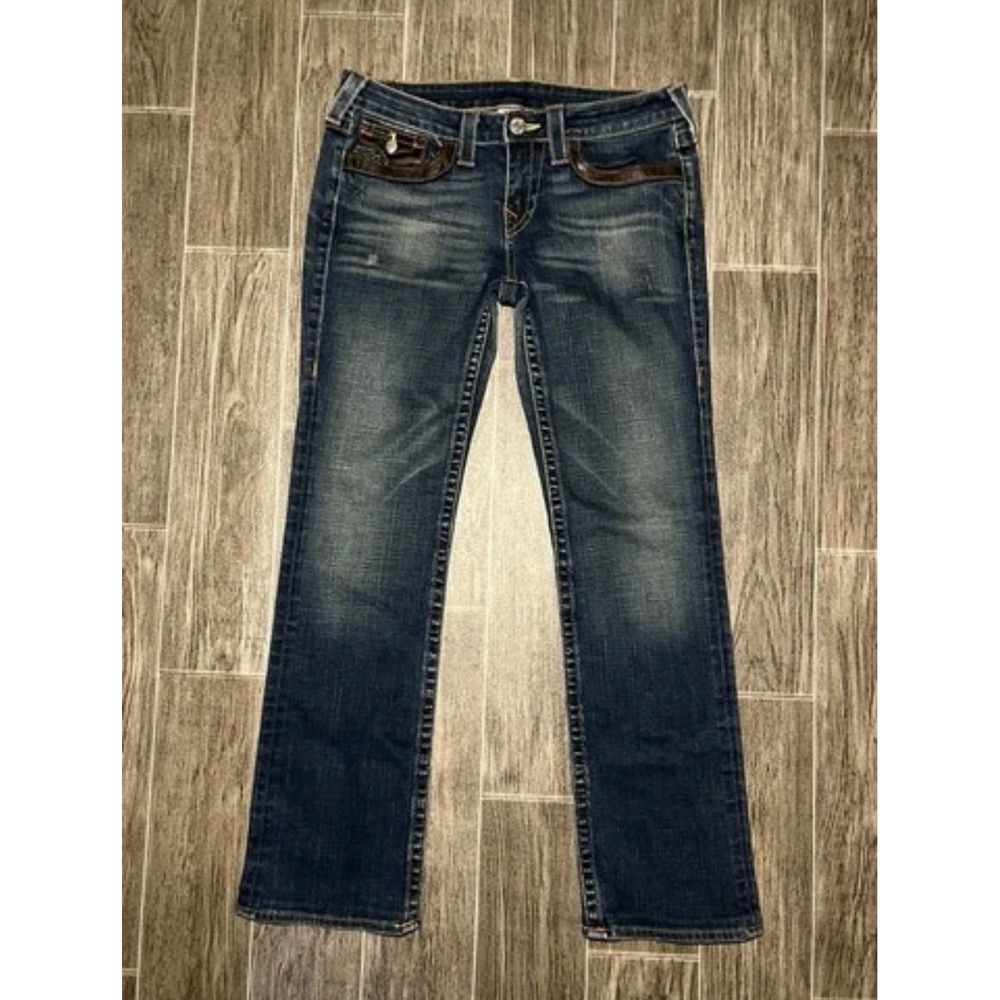 True Religion Billy Jeans Womens 31 Blue Leather Trim Bootcut Low Rise